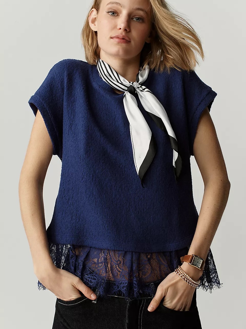 ANTHROPOLOGIE Maeve Ruffled Lace Tee XS 18” p2p Beacon Blue $78 Retail NWT